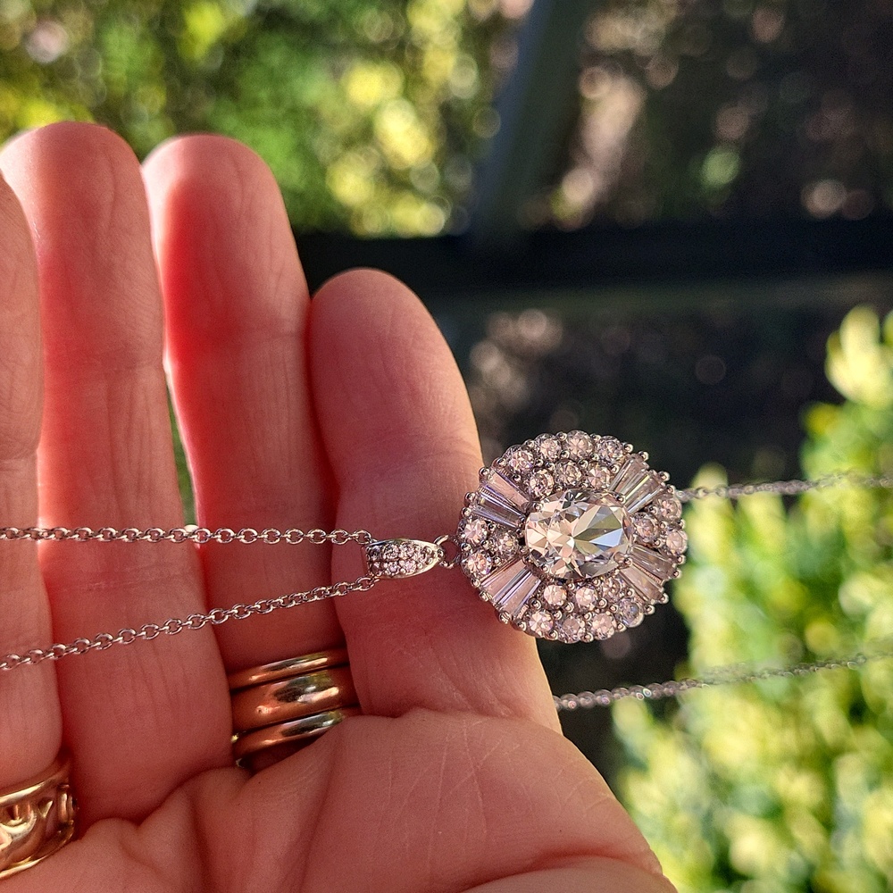 NWOT 925 Silver Oval/Baguette/Round Simulated Diamonds Pendant